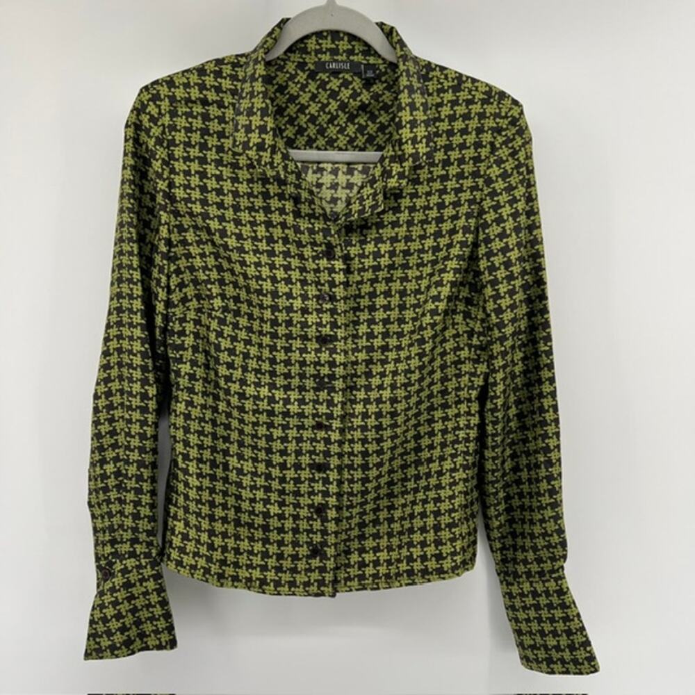 Carlisle 100% Silk Button Down Top Womens US6 EU8 Lime Green Black Office Chic